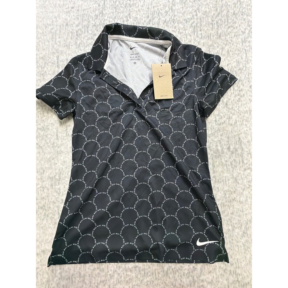 Nike‎ Womens Dri-FIT Golf Polo Shirt Black White Scallop Logo FB8527-010 XS